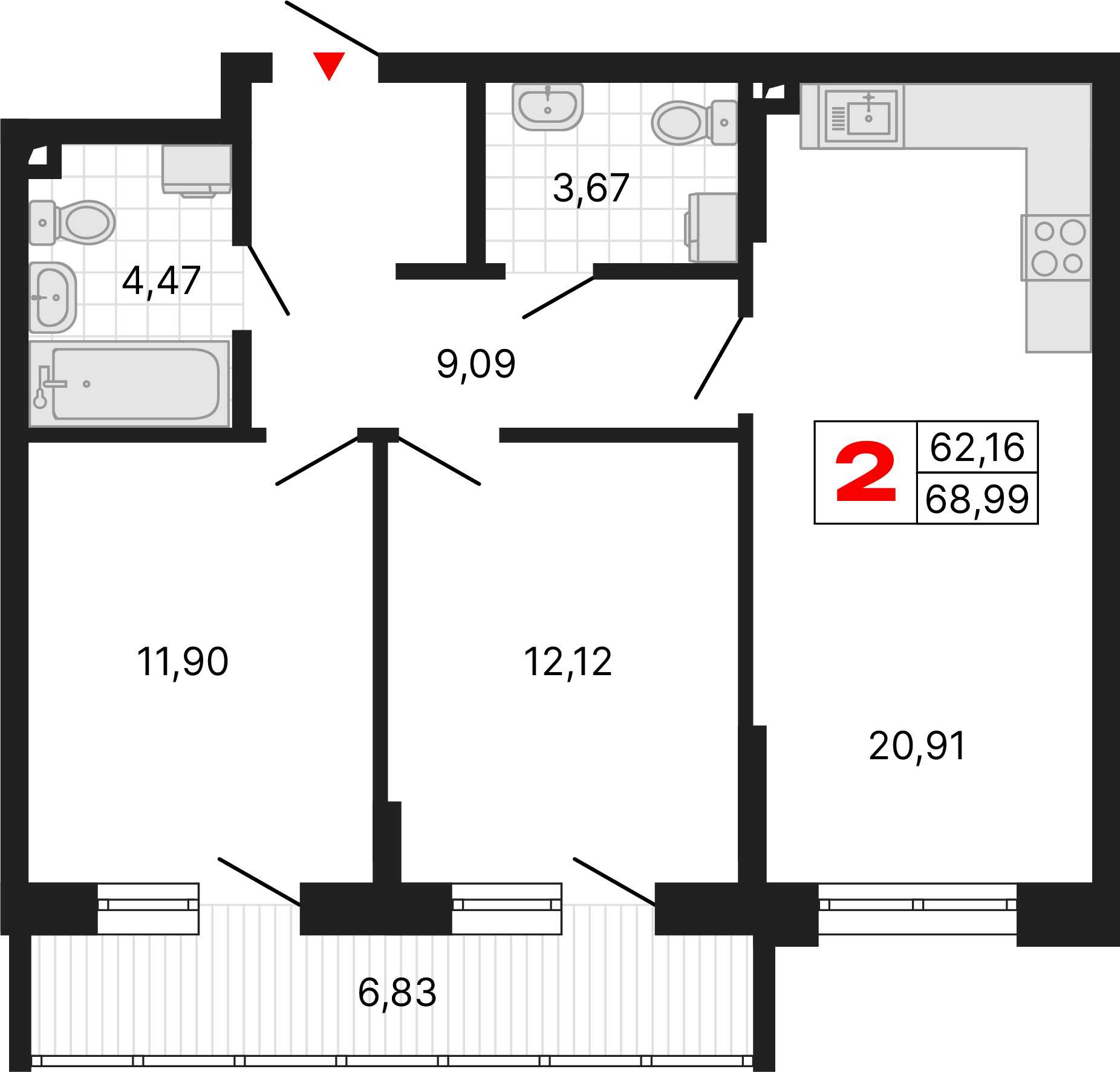 2 комнаты, 68,99 м²
