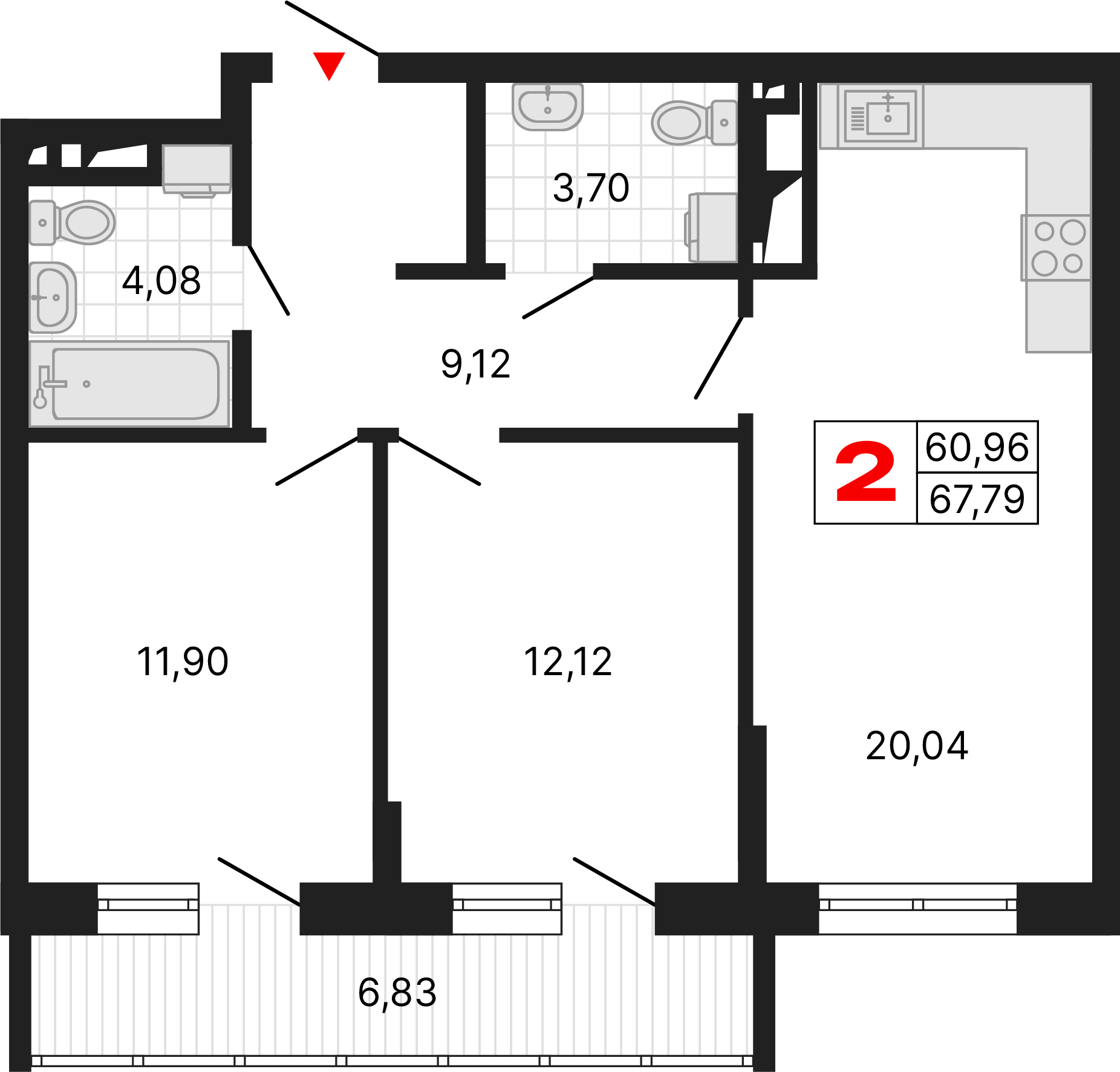 2 комнаты, 67,79 м²