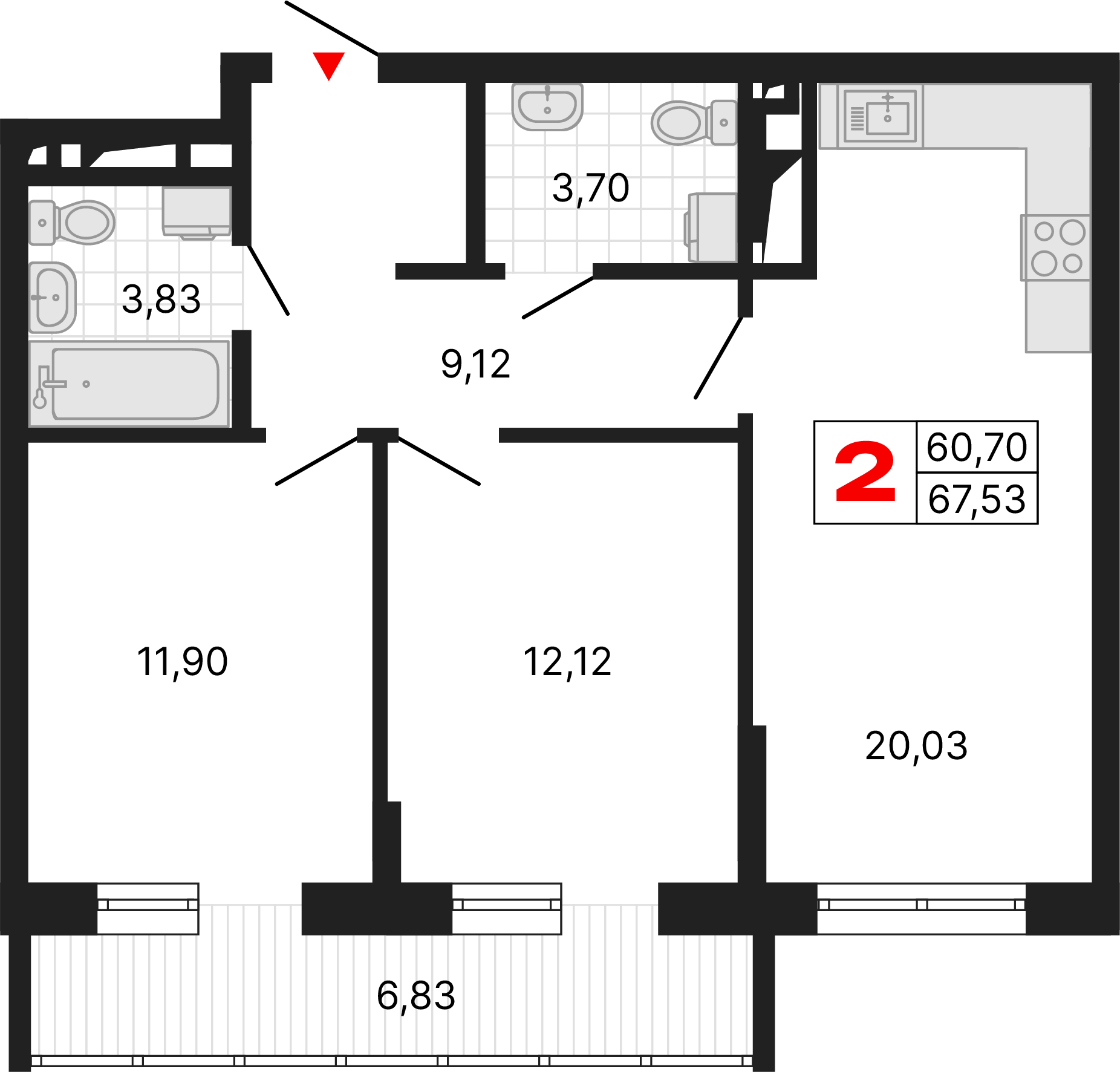 2 комнаты, 67,53 м²