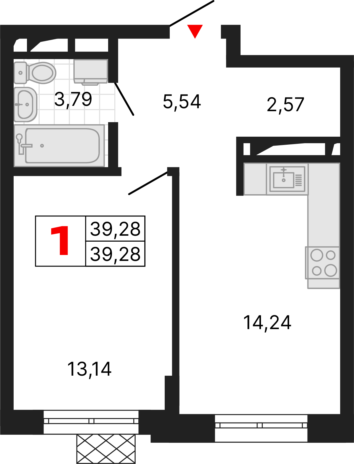 1 комната, 39,28 м²