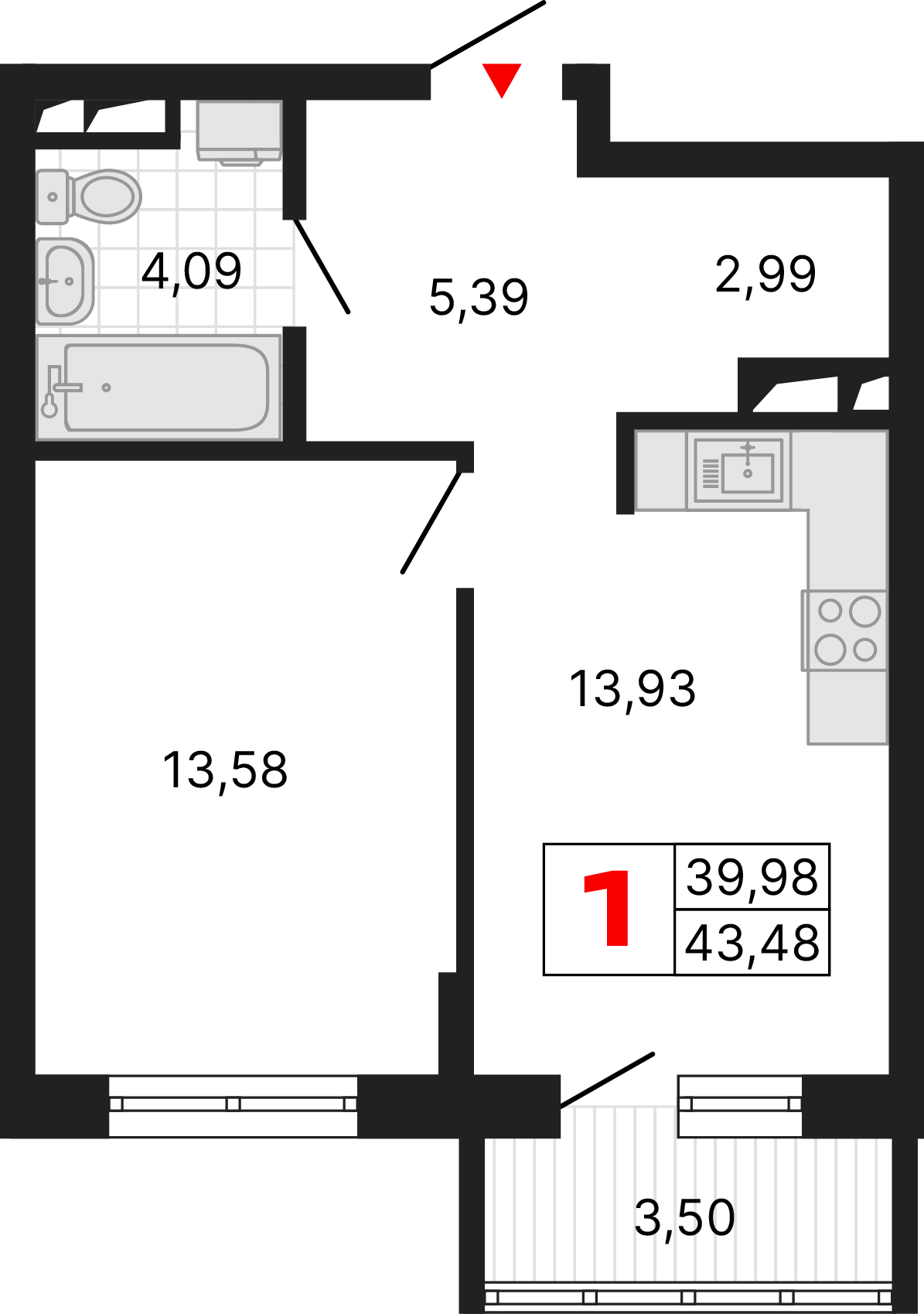 1 комната, 43,48 м²