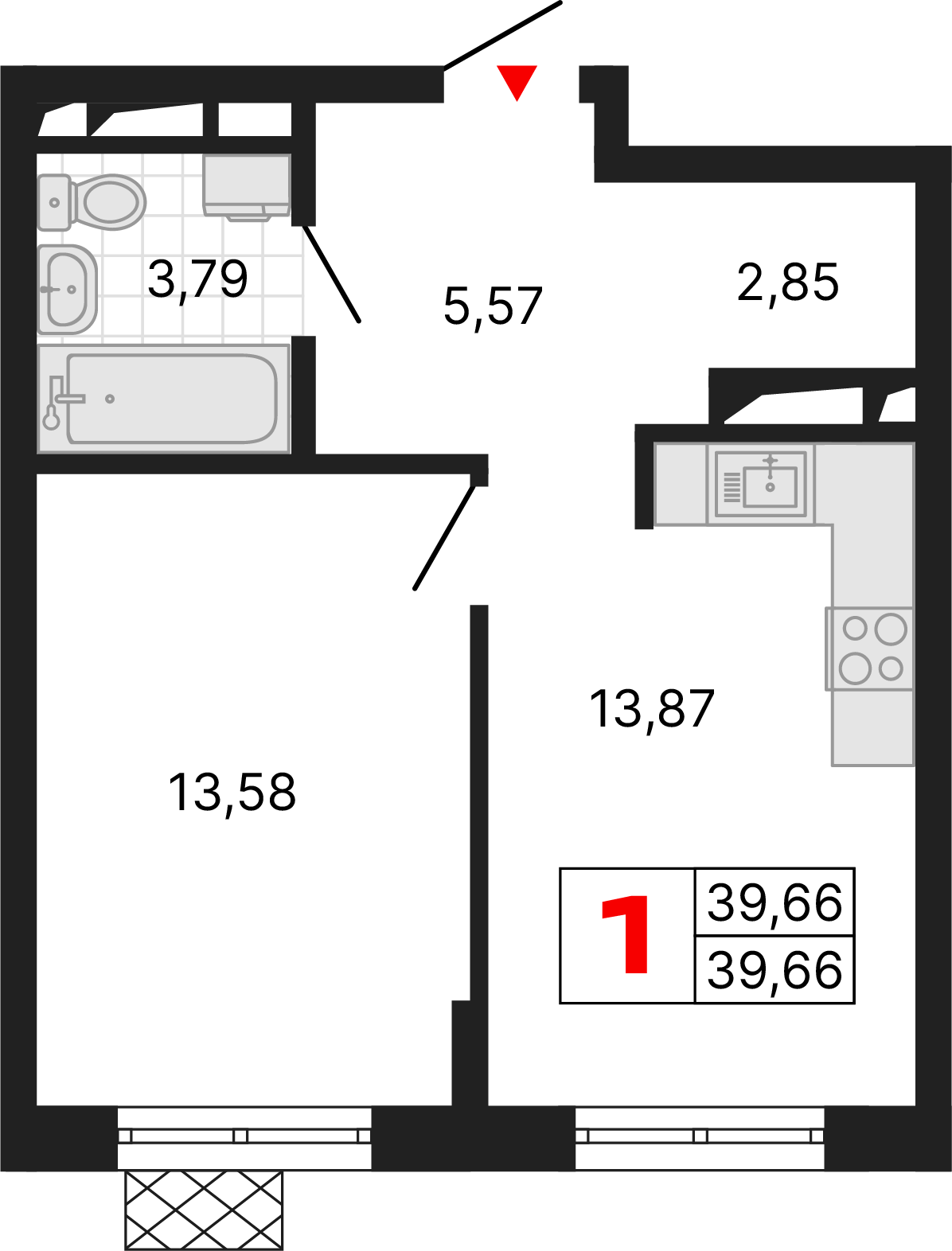 1 комната, 39,66 м²
