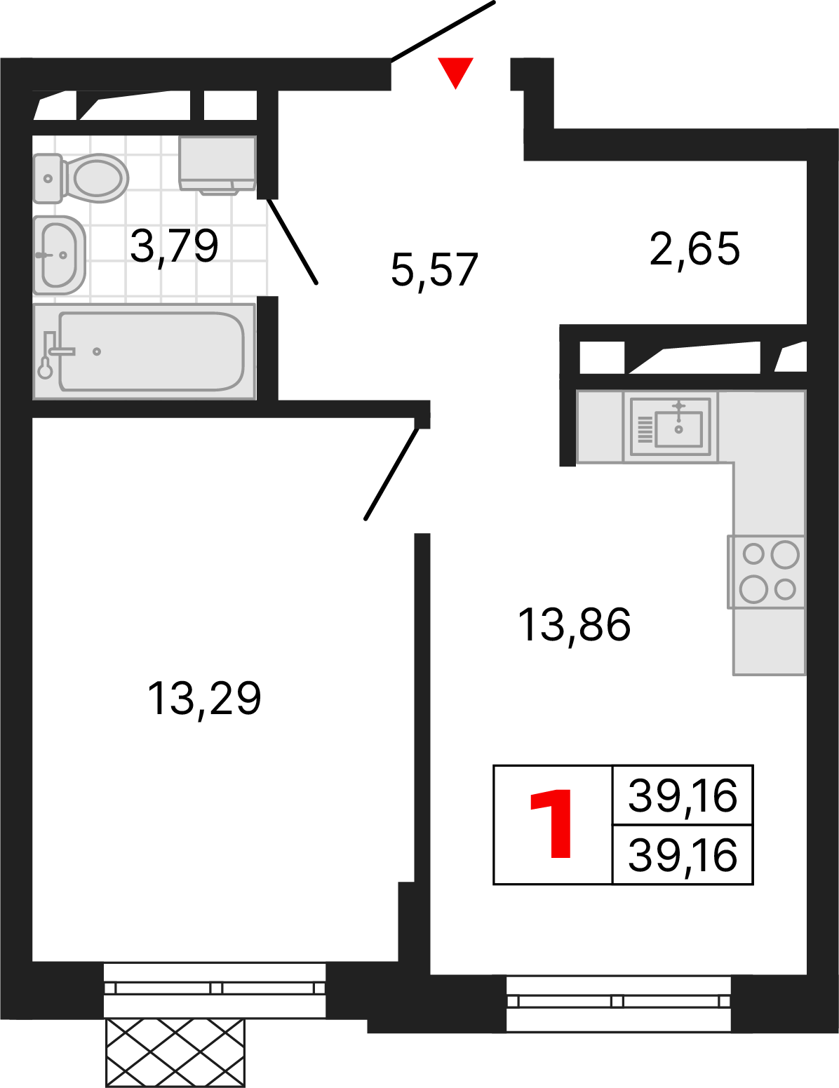 1 комната, 39,16 м²