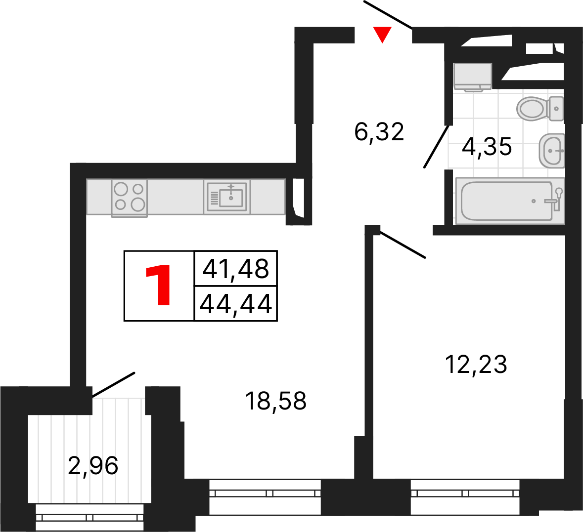1 комната, 44,44 м²