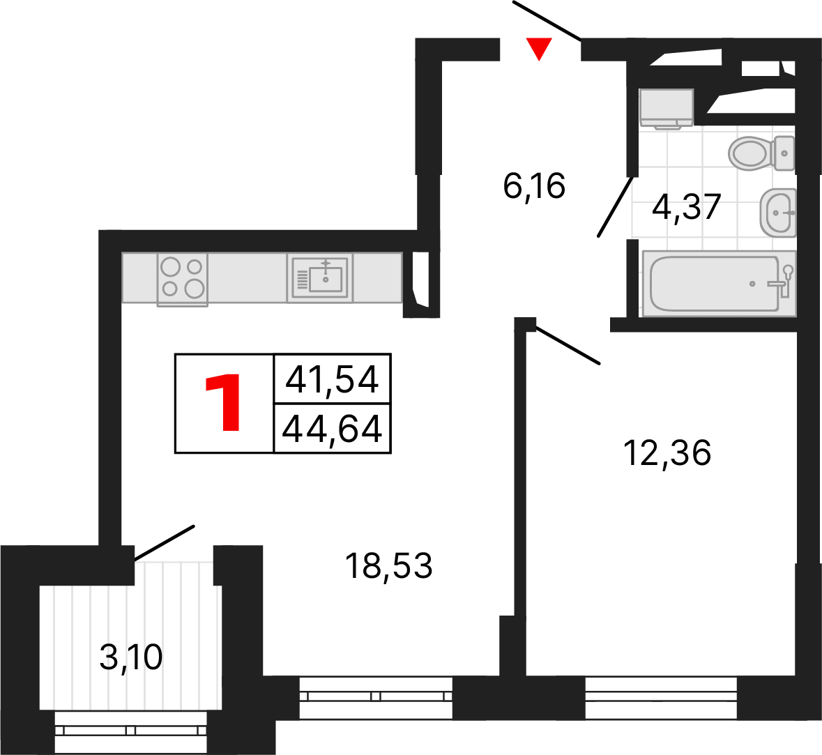1 комната, 44,64 м²