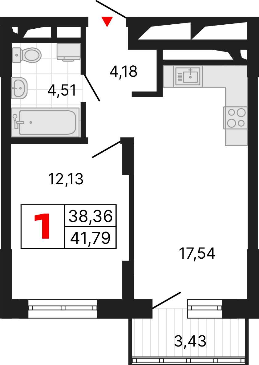 1 комната, 41,79 м²