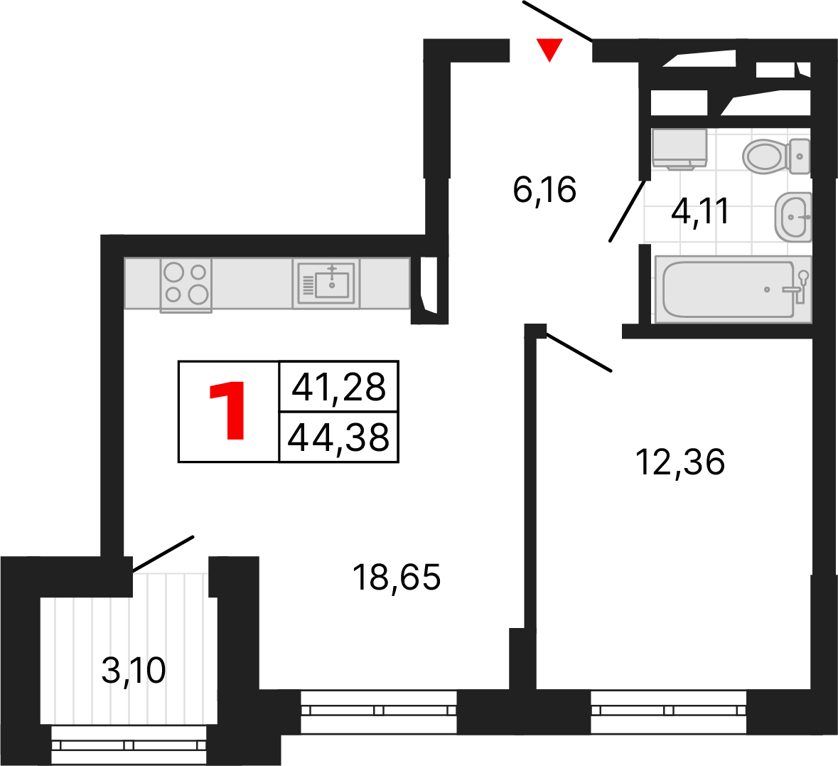 1 комната, 44,38 м²