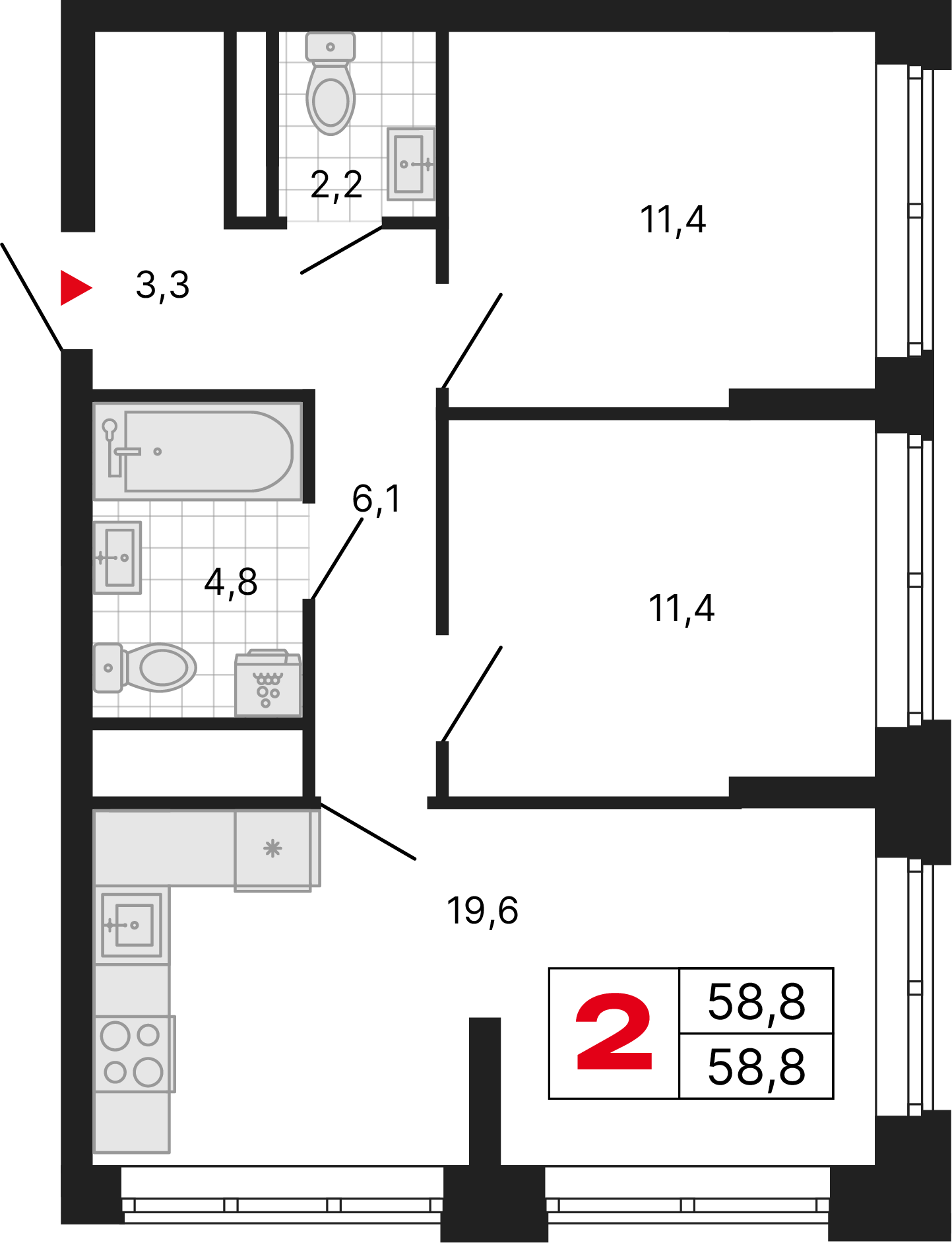2 комнаты, 58,80 м²