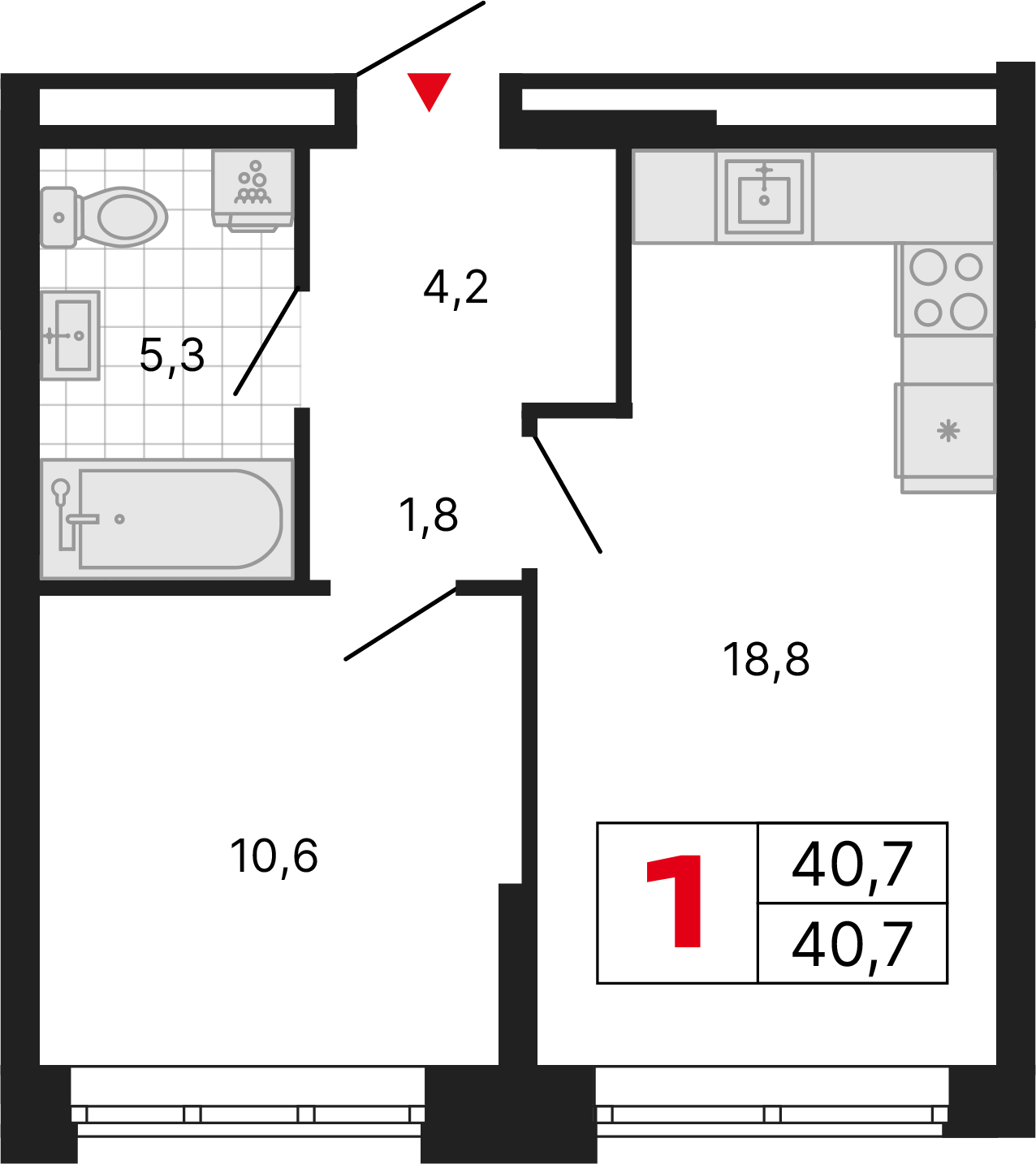 1 комната, 40,70 м²
