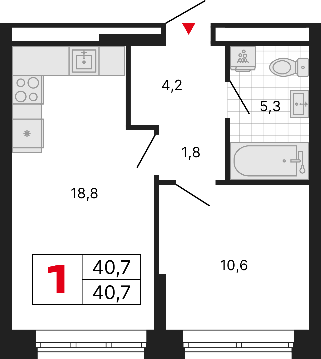 1 комната, 40,70 м²