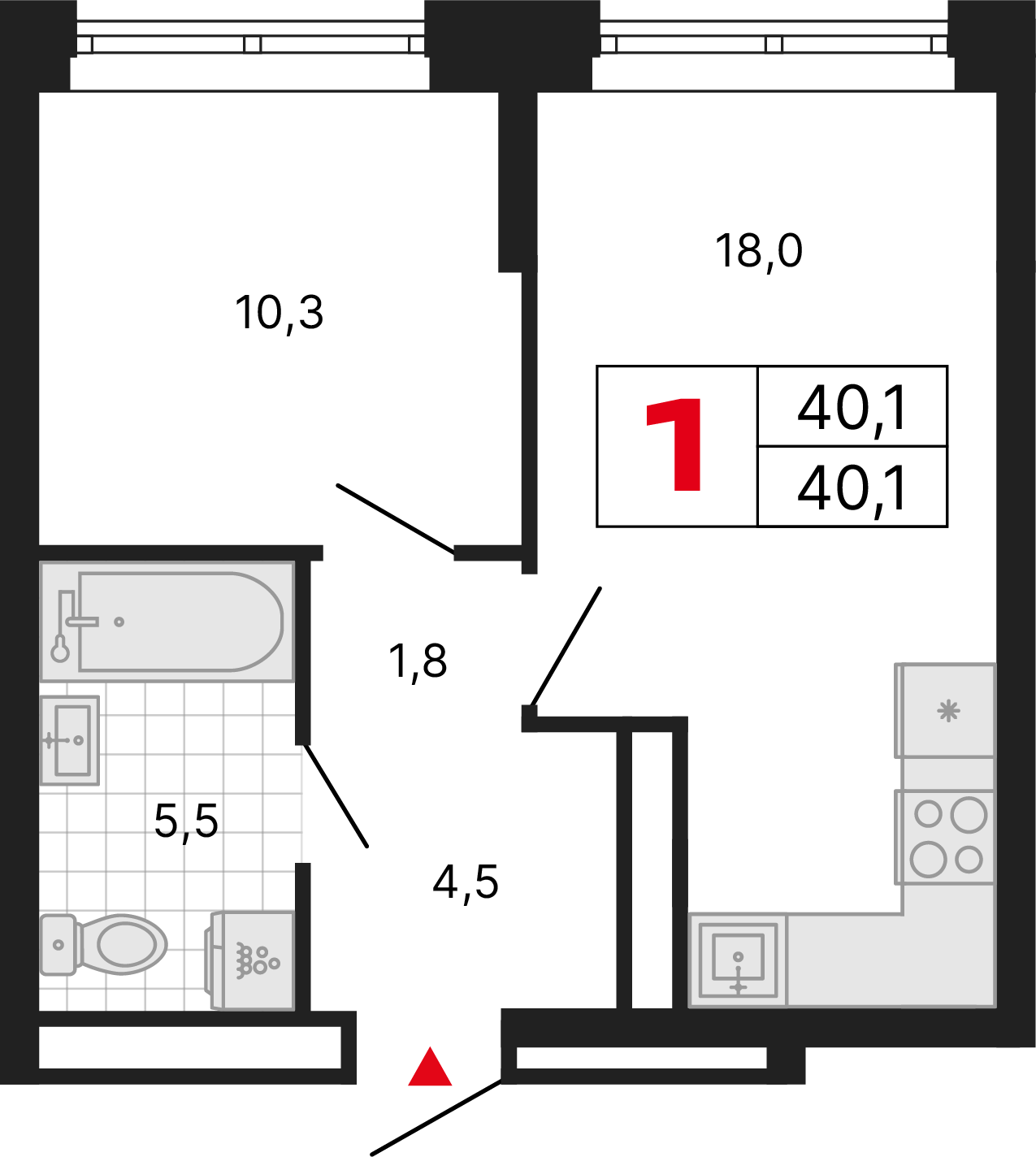 1 комната, 40,10 м²