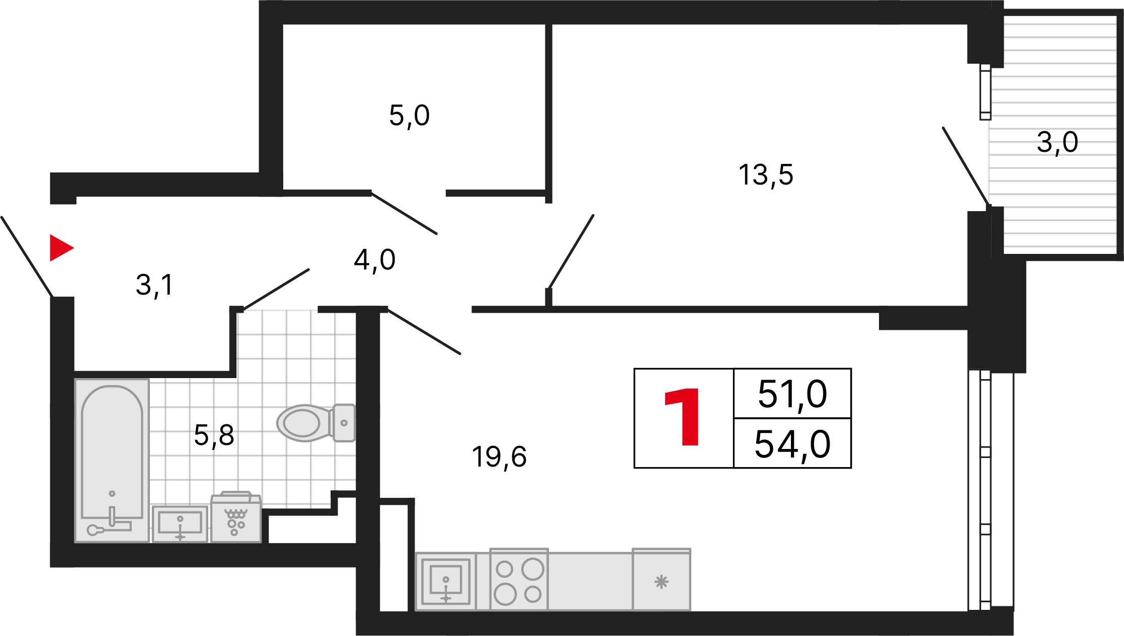 1 комната, 54,00 м²