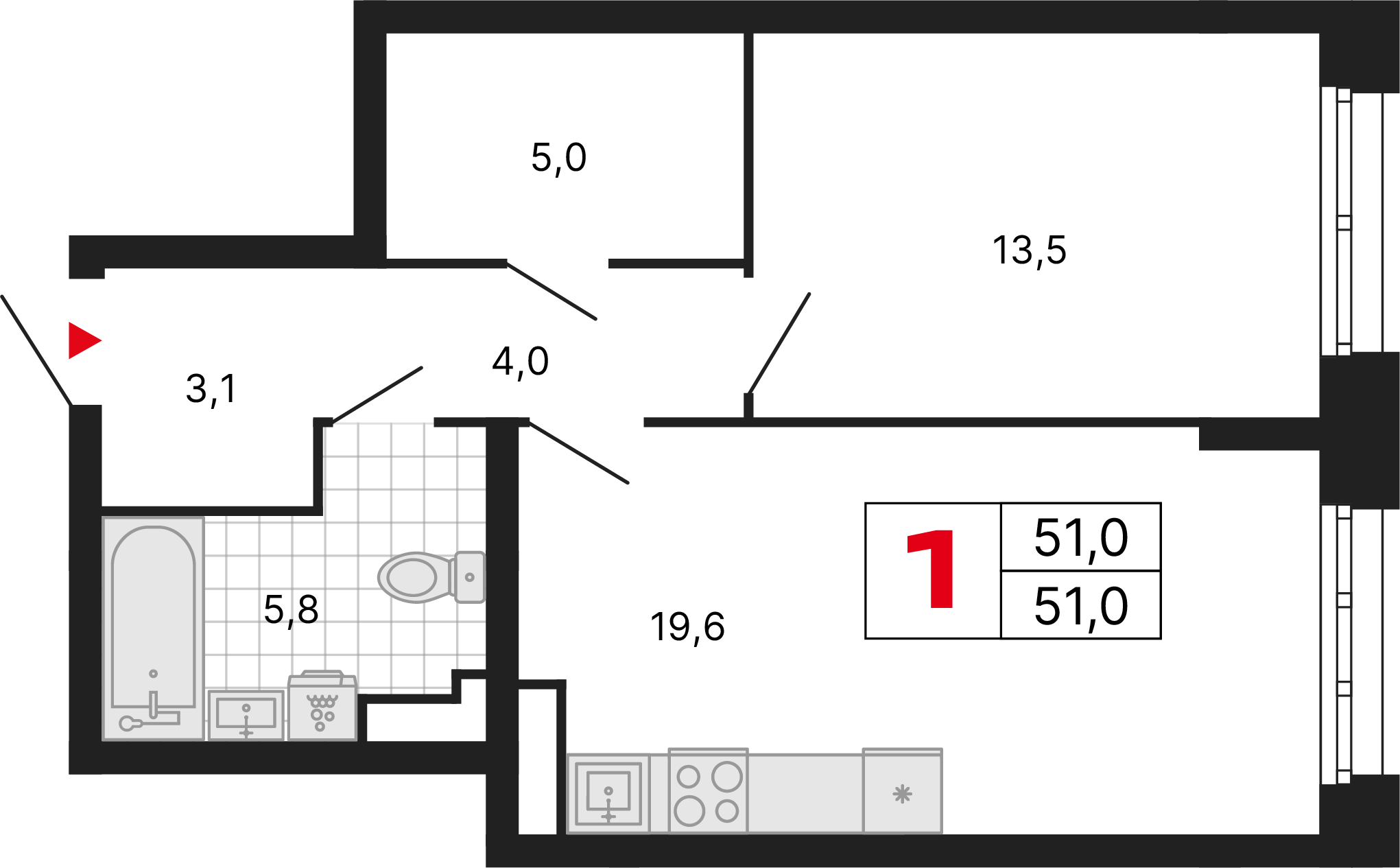 1 комната, 51,00 м²
