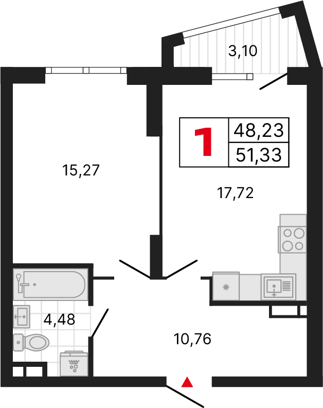 1 комната, 51,17 м²