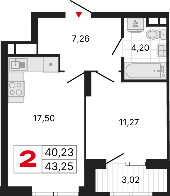 2 комнаты, 43,08 м²