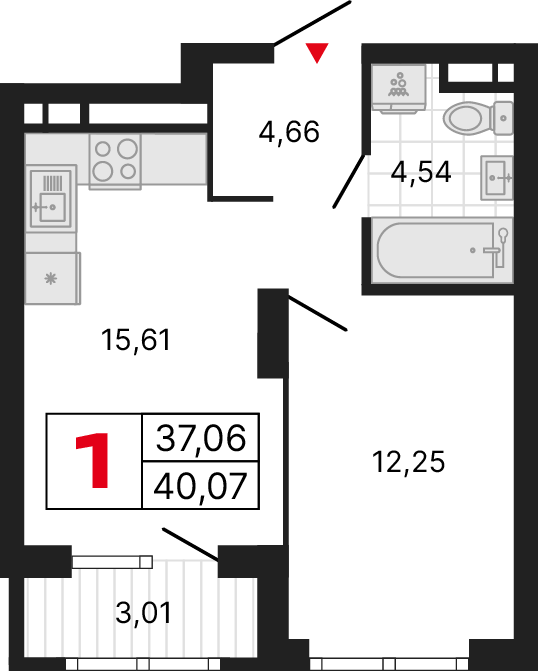 1 комната, 39,99 м²