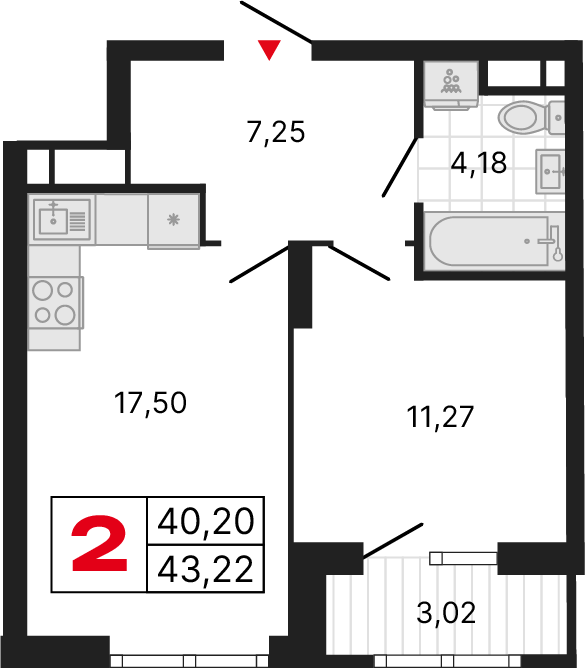2 комнаты, 42,92 м²