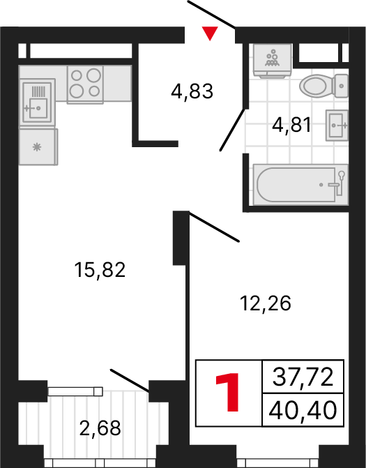 1 комната, 40,18 м²