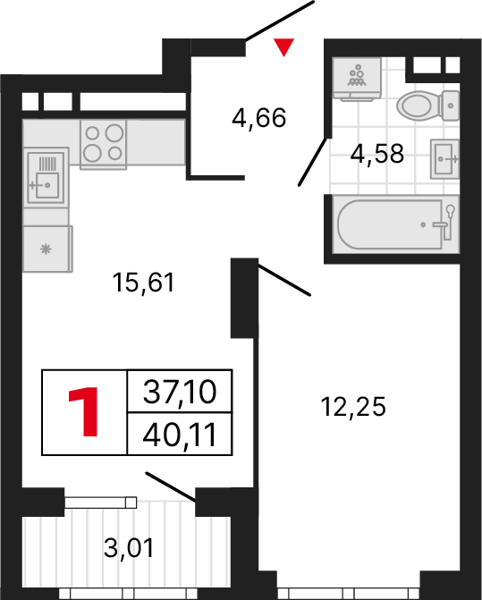 1 комната, 39,99 м²