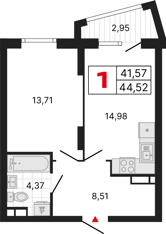 1 комната, 44,18 м²