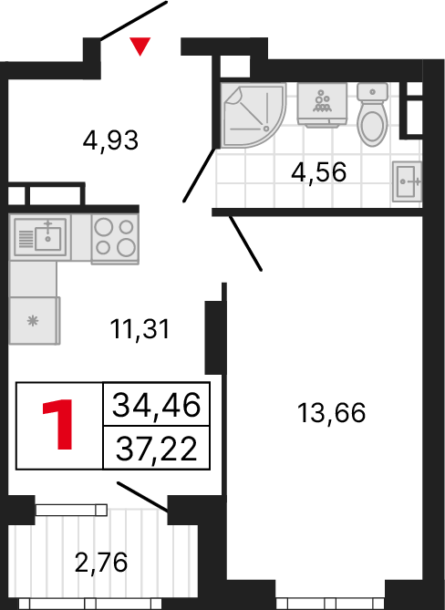1 комната, 37,24 м²