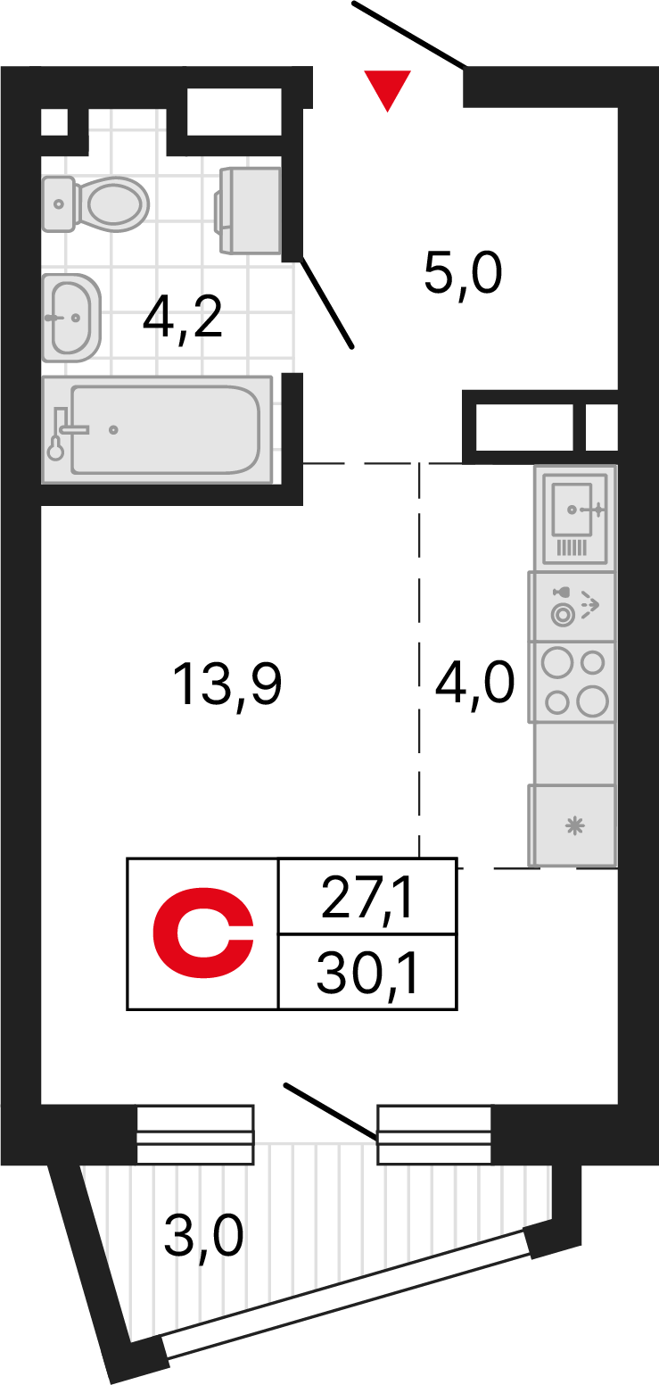 1 комната, 30,07 м²