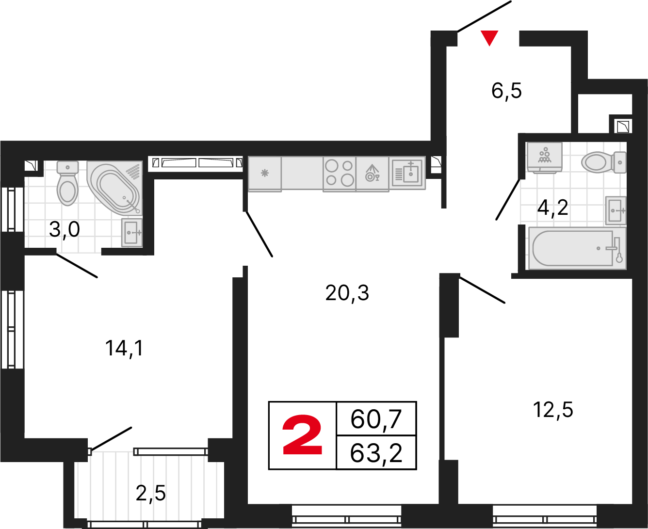 2 комнаты, 63,29 м²