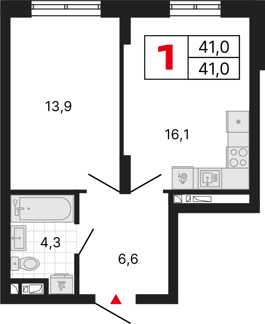 1 комната, 41,05 м²
