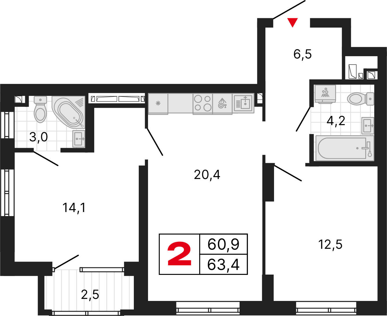 2 комнаты, 63,49 м²