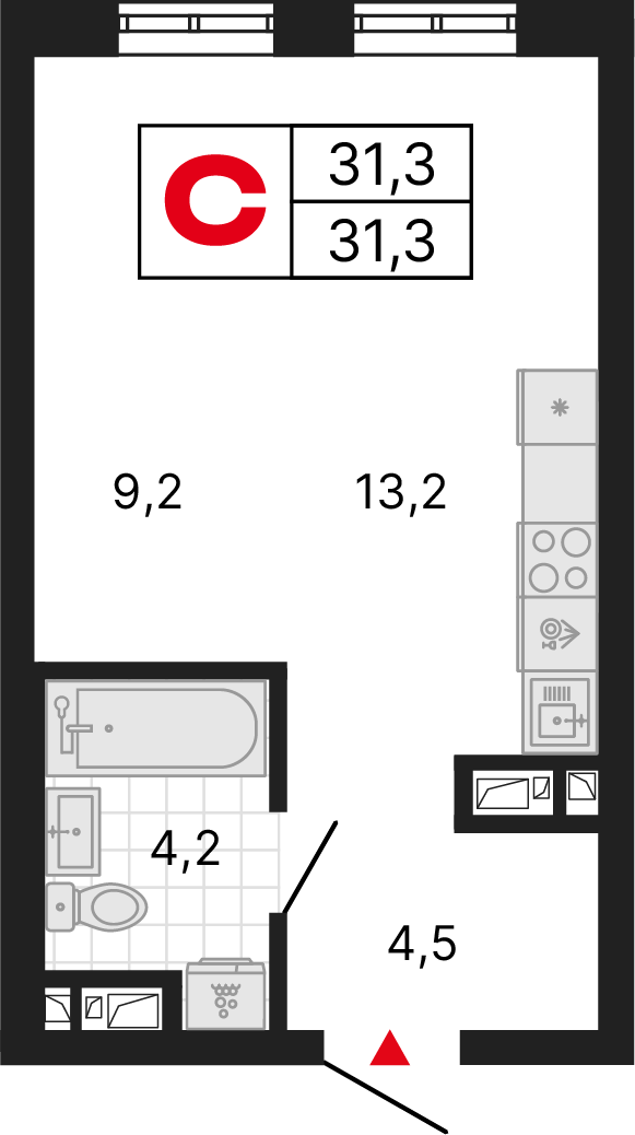 1 комната, 31,34 м²