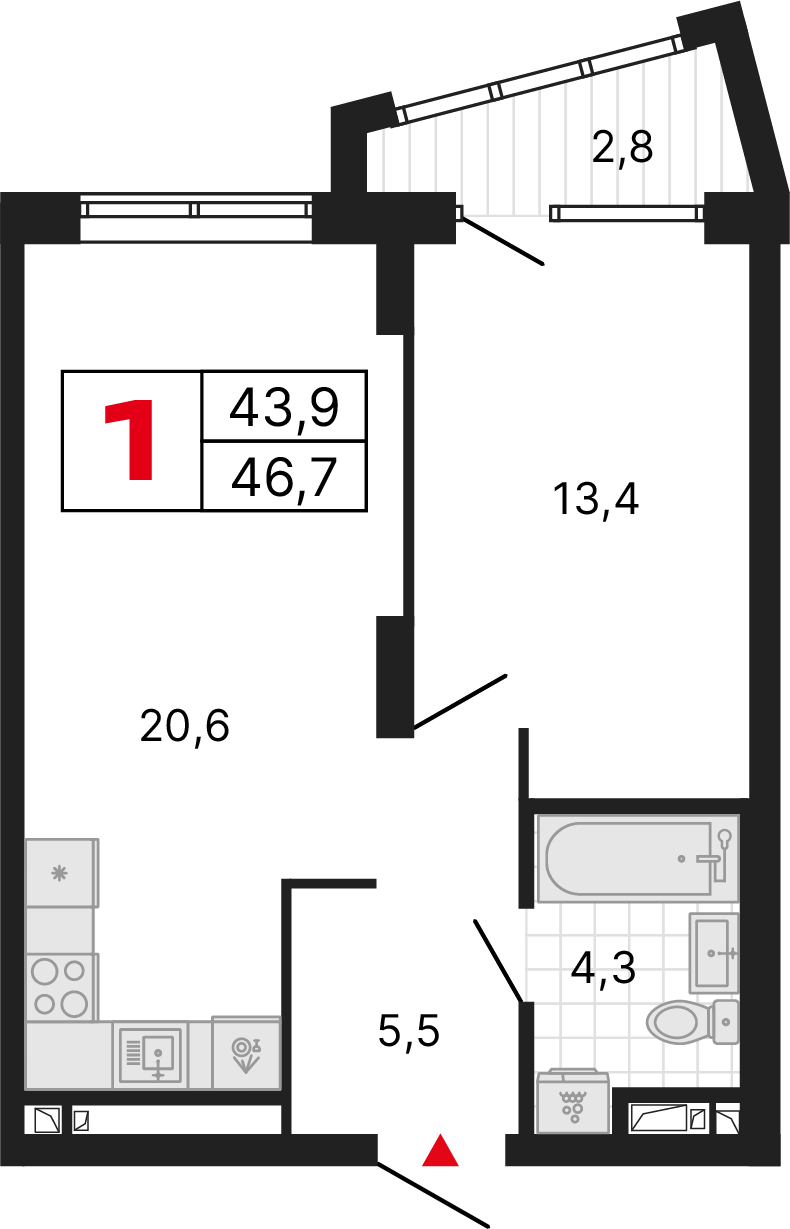 1 комната, 46,77 м²