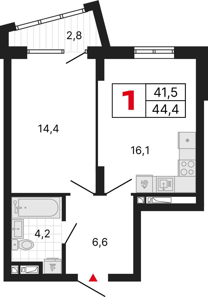 1 комната, 44,46 м²