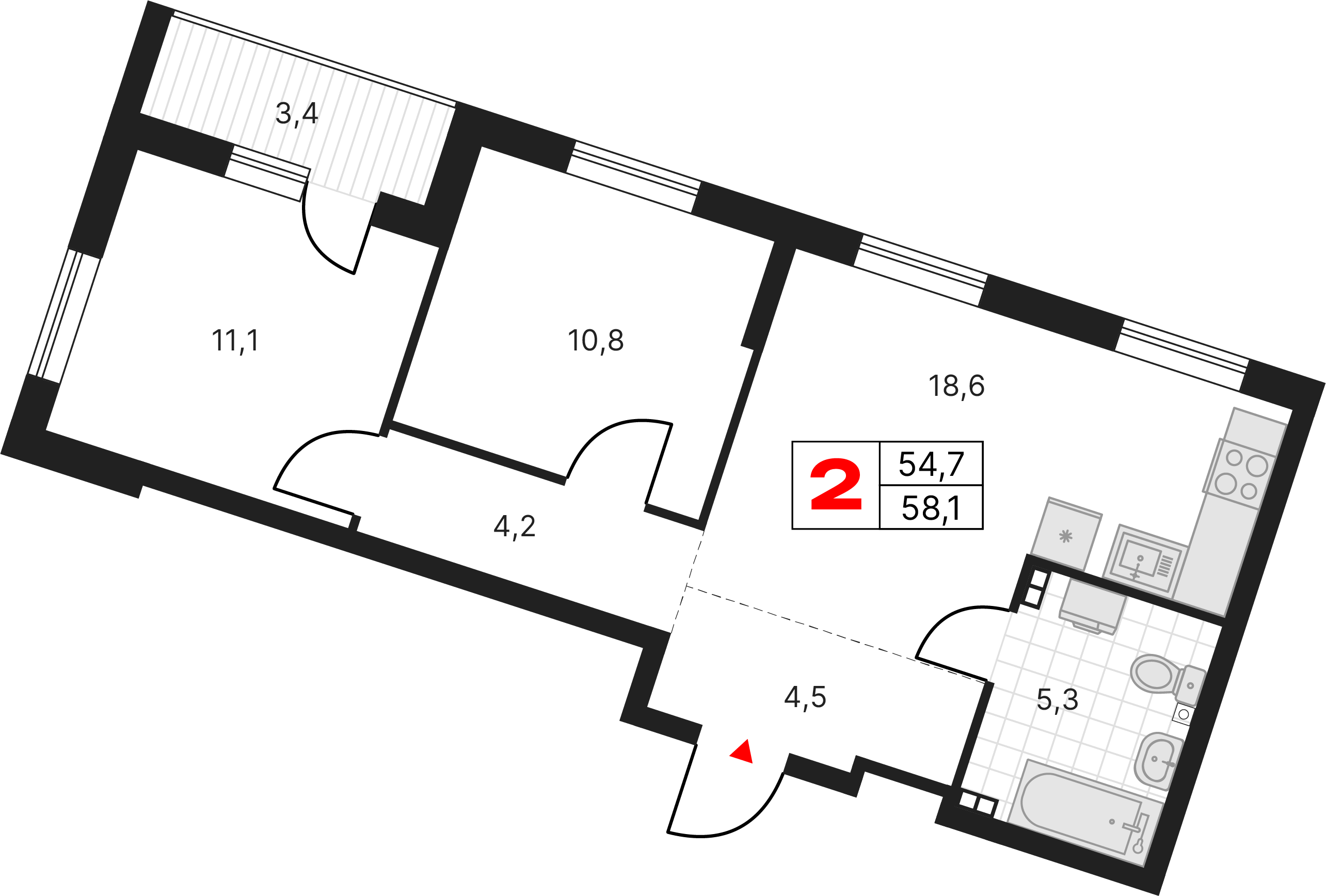 2 комнаты, 58,08 м²