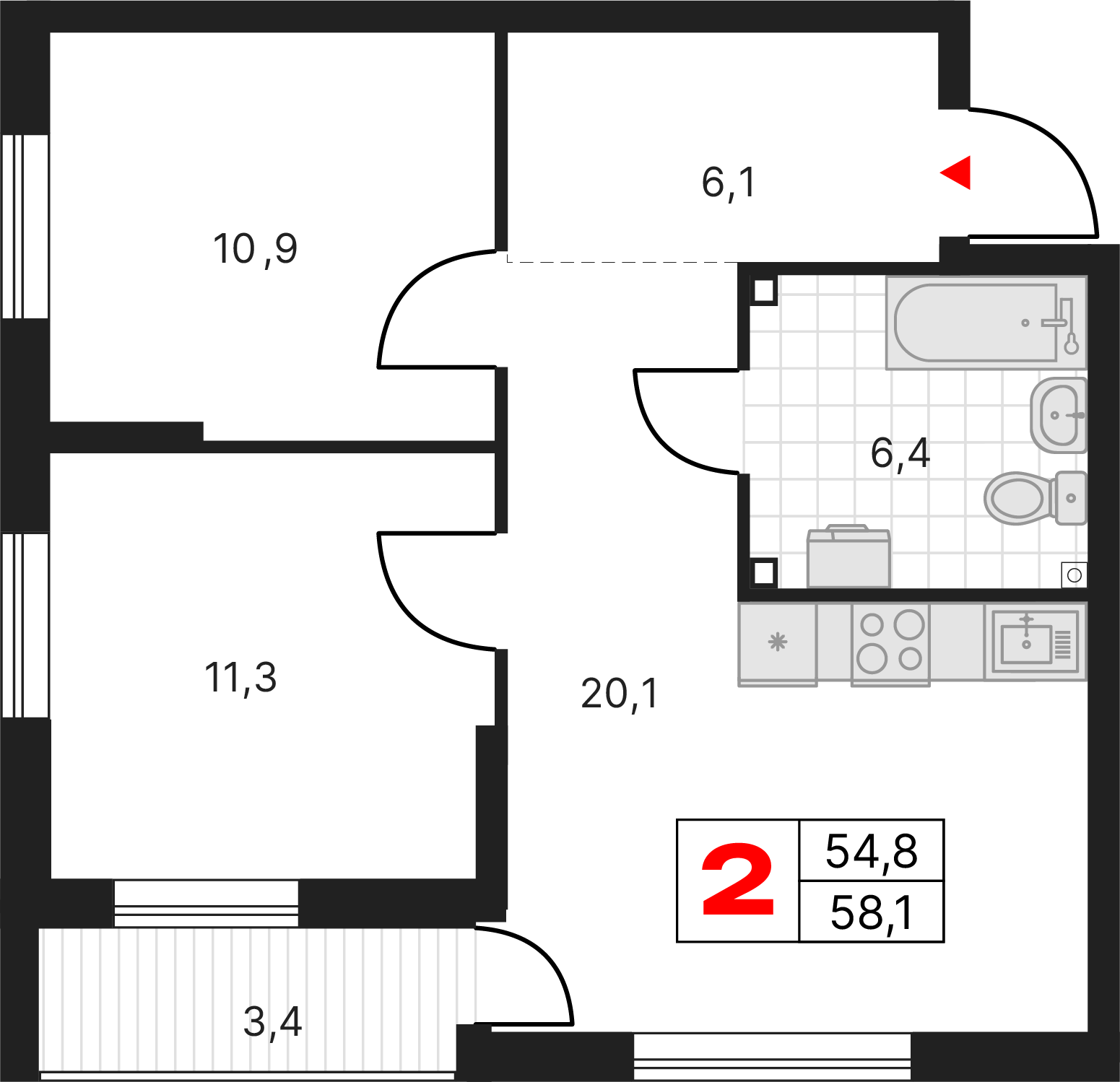 2 комнаты, 58,15 м²