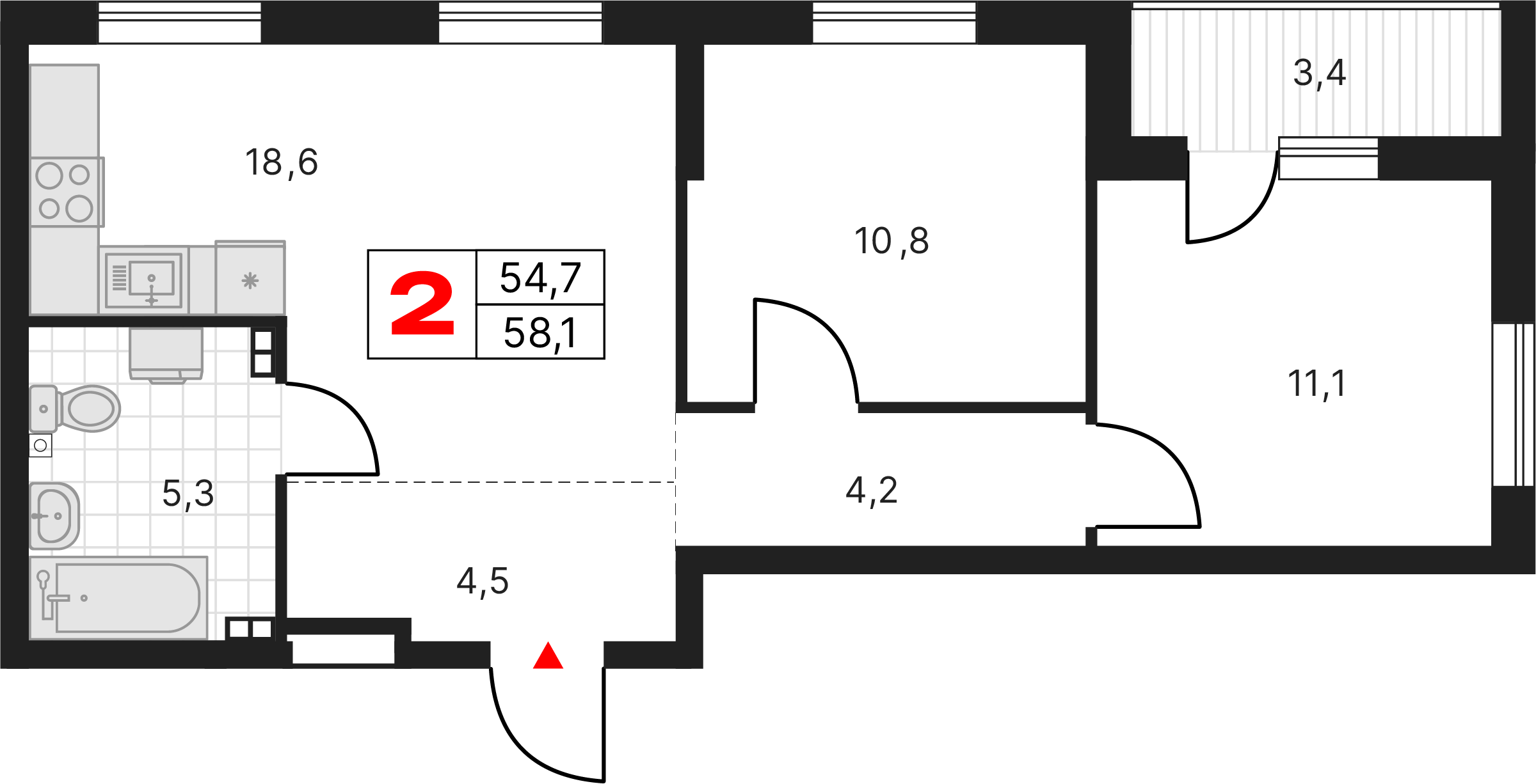 2 комнаты, 58,08 м²
