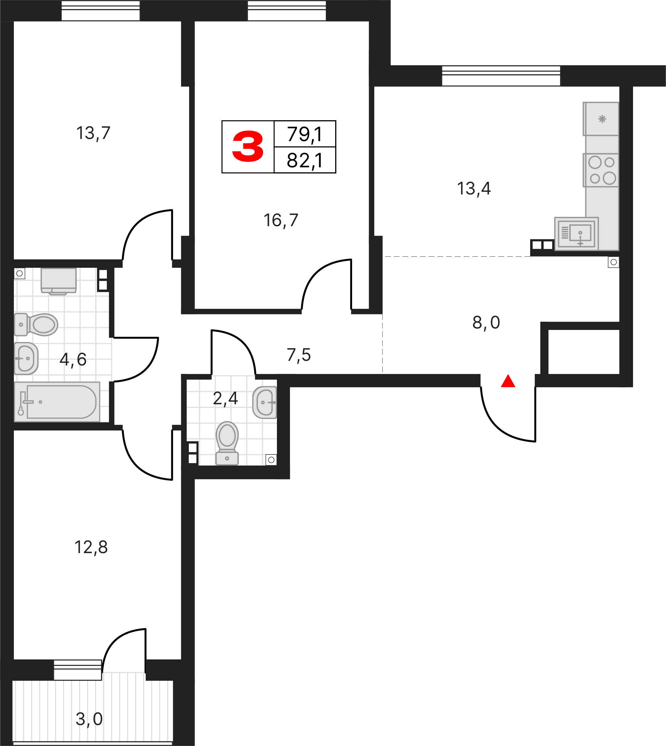 3 комнаты, 82,15 м²