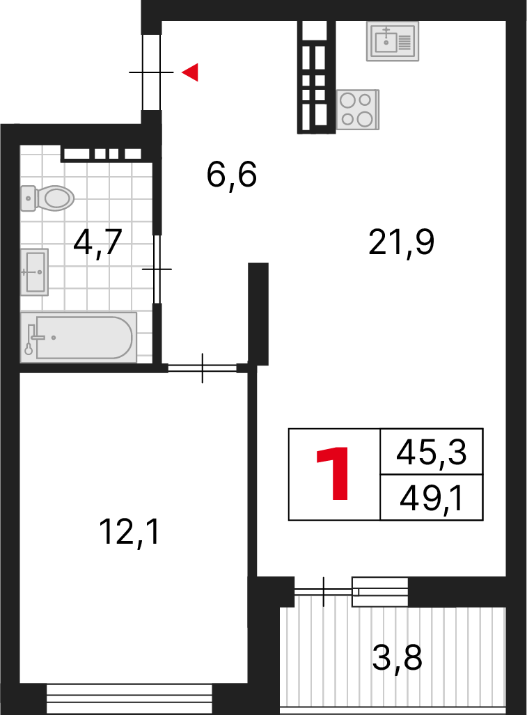 1 комната, 49,10 м²