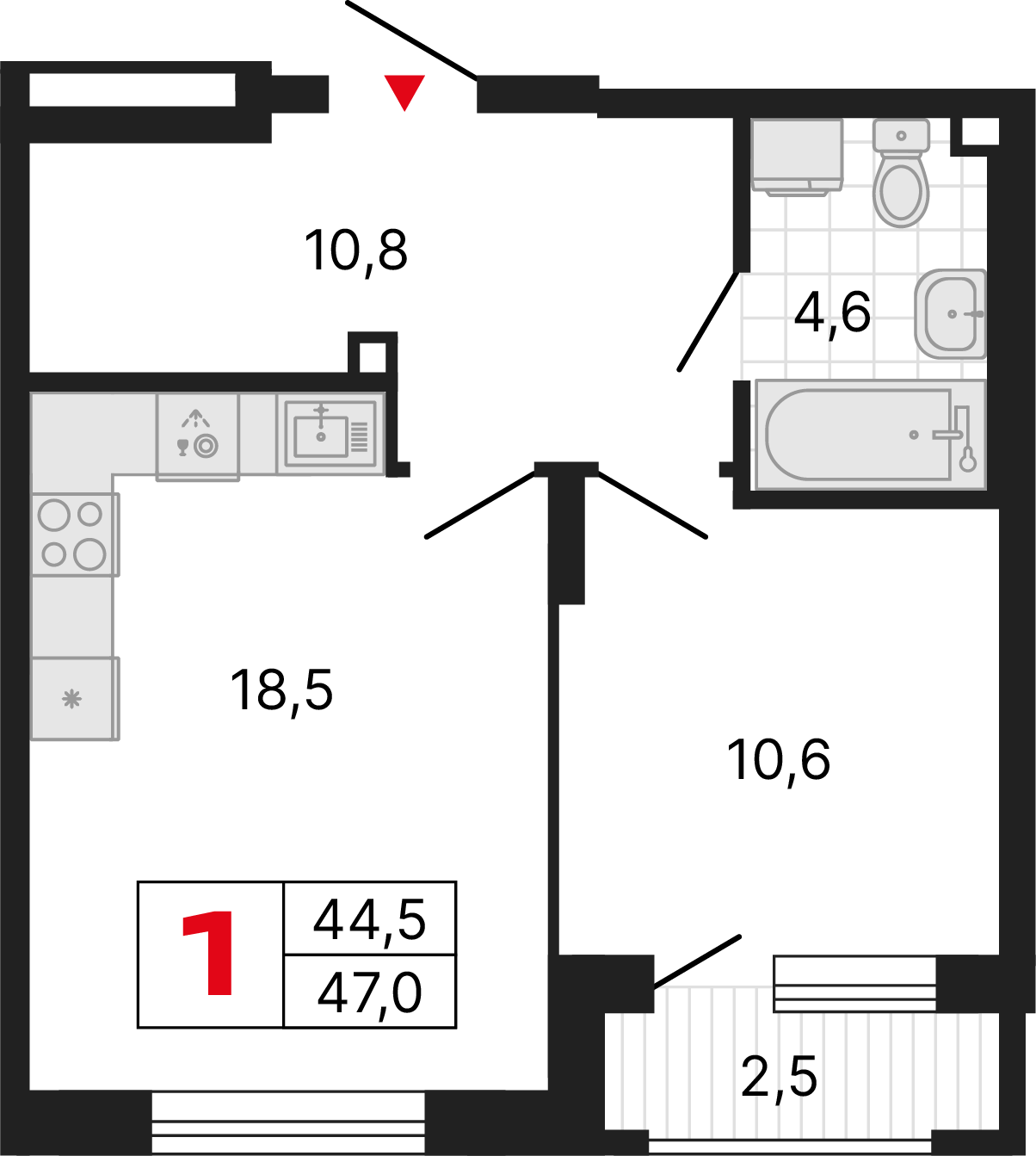 1 комната, 47,01 м²