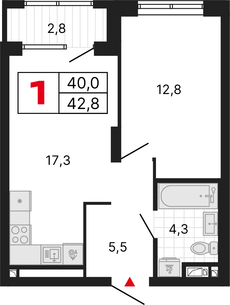 1 комната, 43,26 м²