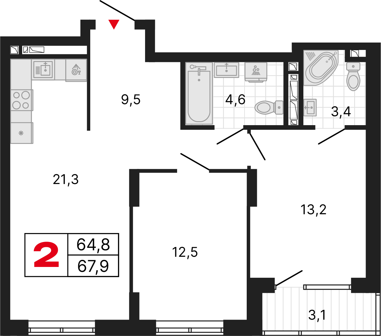 2 комнаты, 68,37 м²