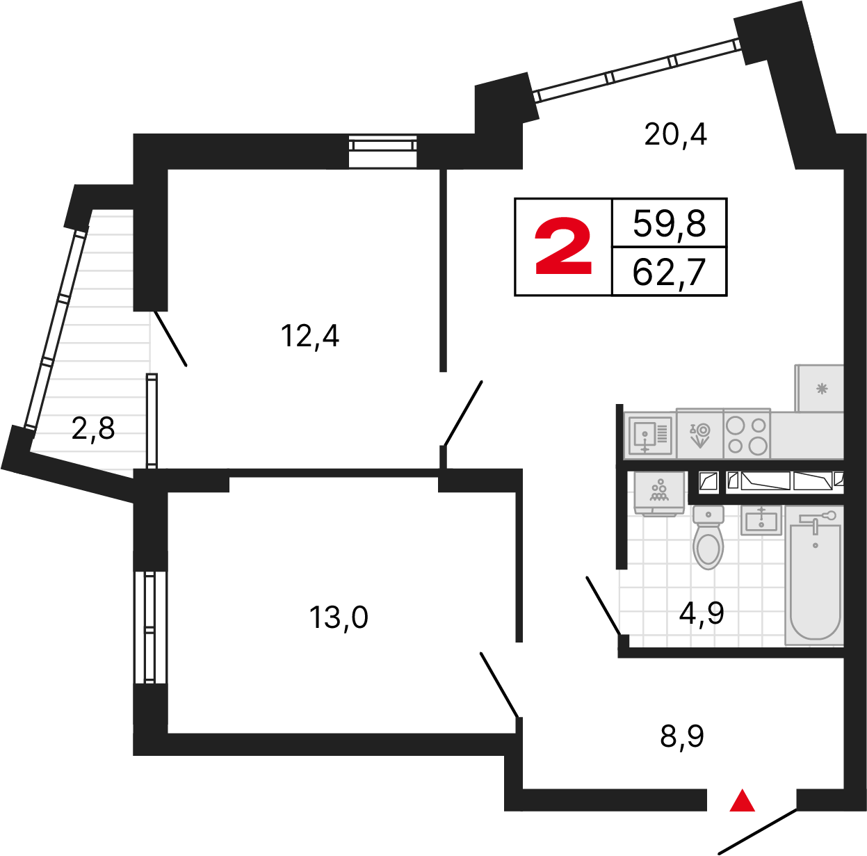 2 комнаты, 62,71 м²
