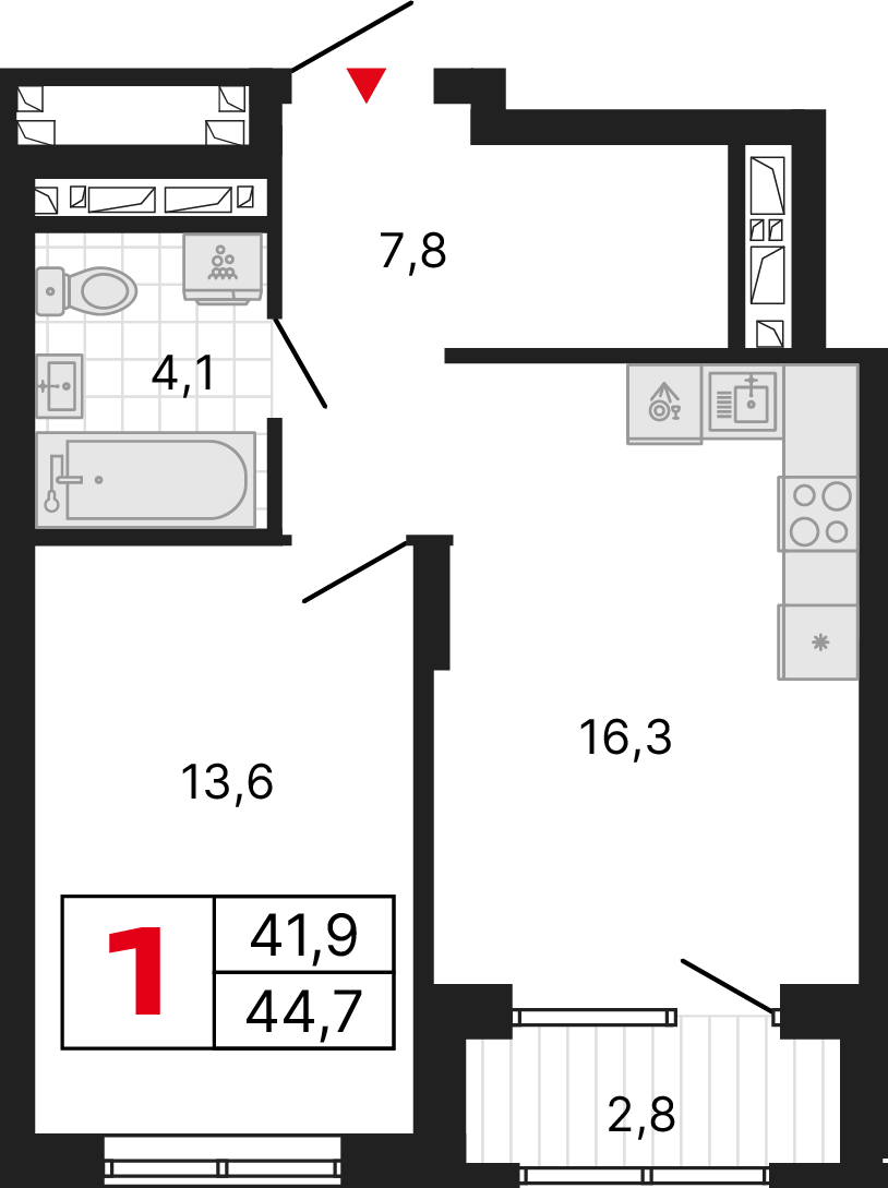 1 комната, 44,76 м²