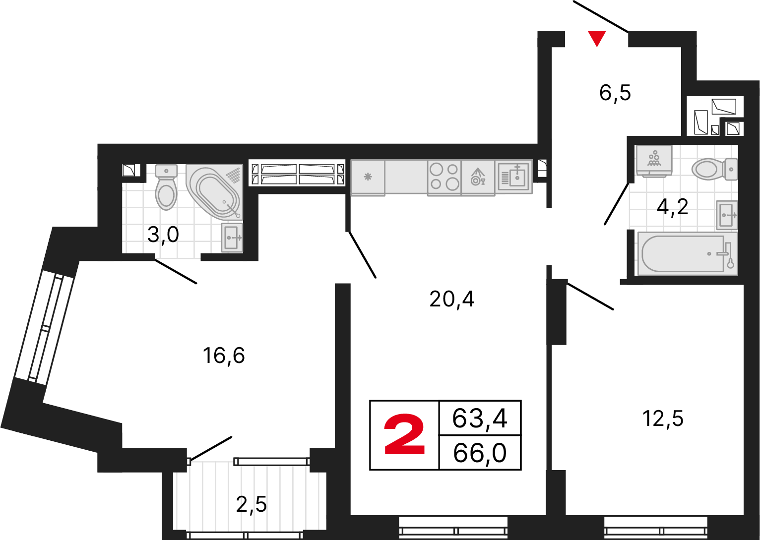 2 комнаты, 66,00 м²