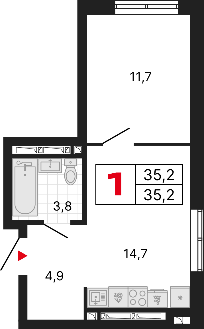1 комната, 35,29 м²