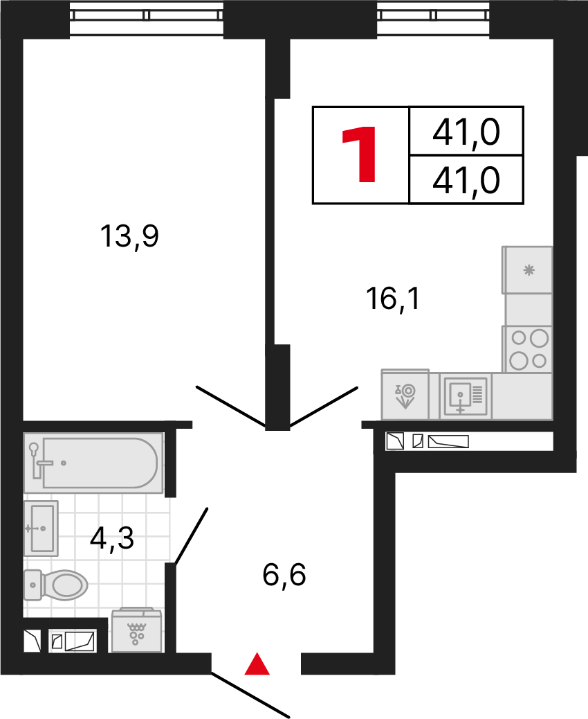 1 комната, 41,05 м²