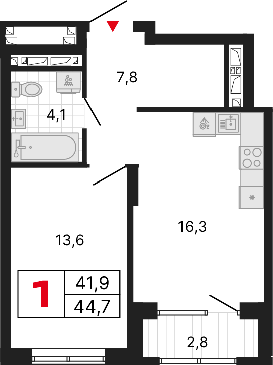 1 комната, 44,76 м²