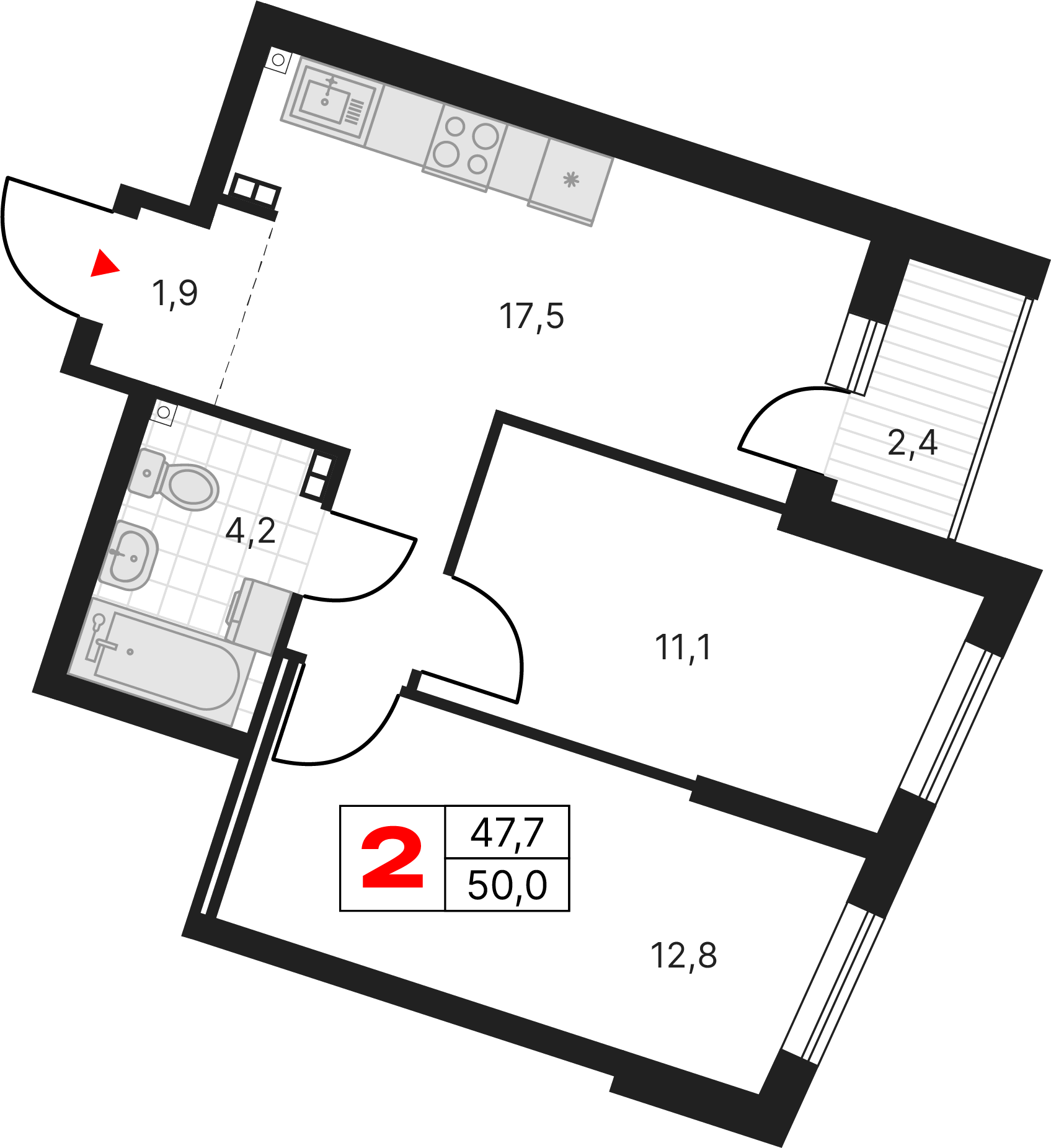 2 комнаты, 49,89 м²