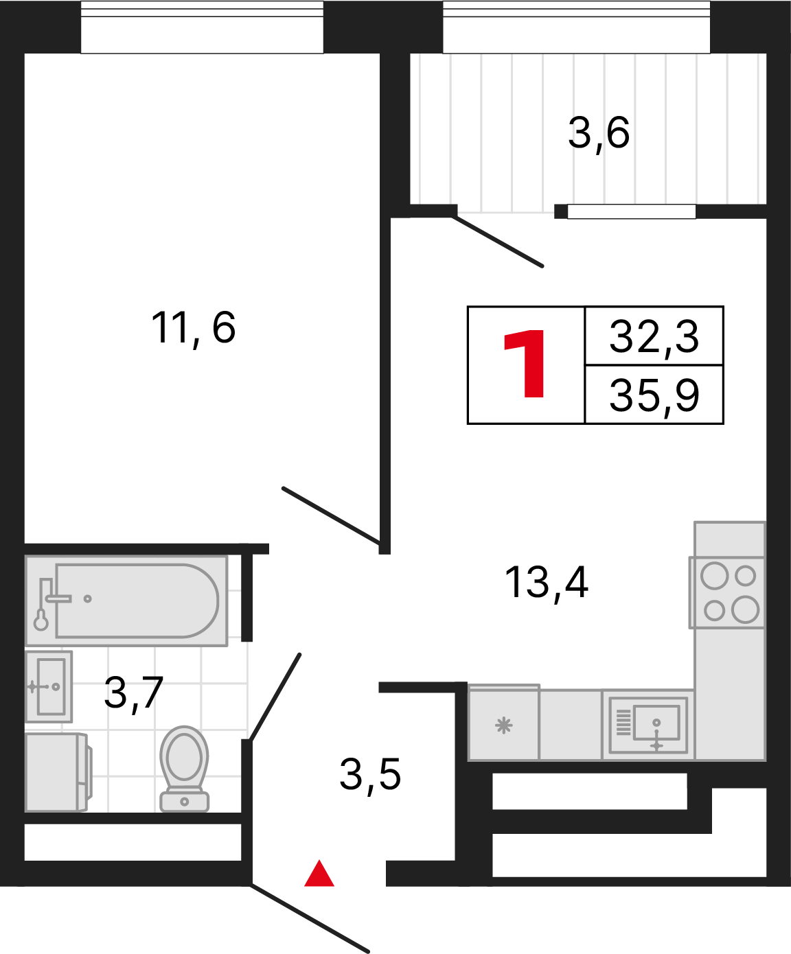 1 комната, 35,89 м²