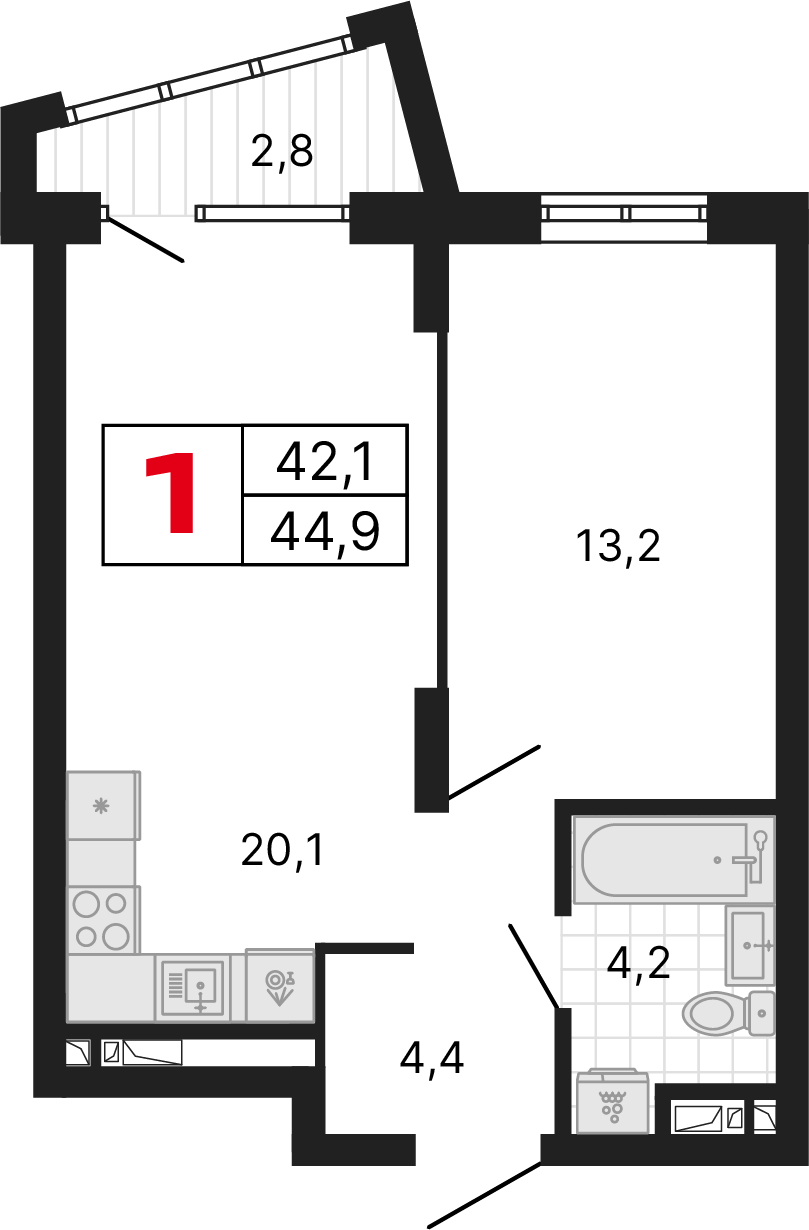 1 комната, 44,99 м²