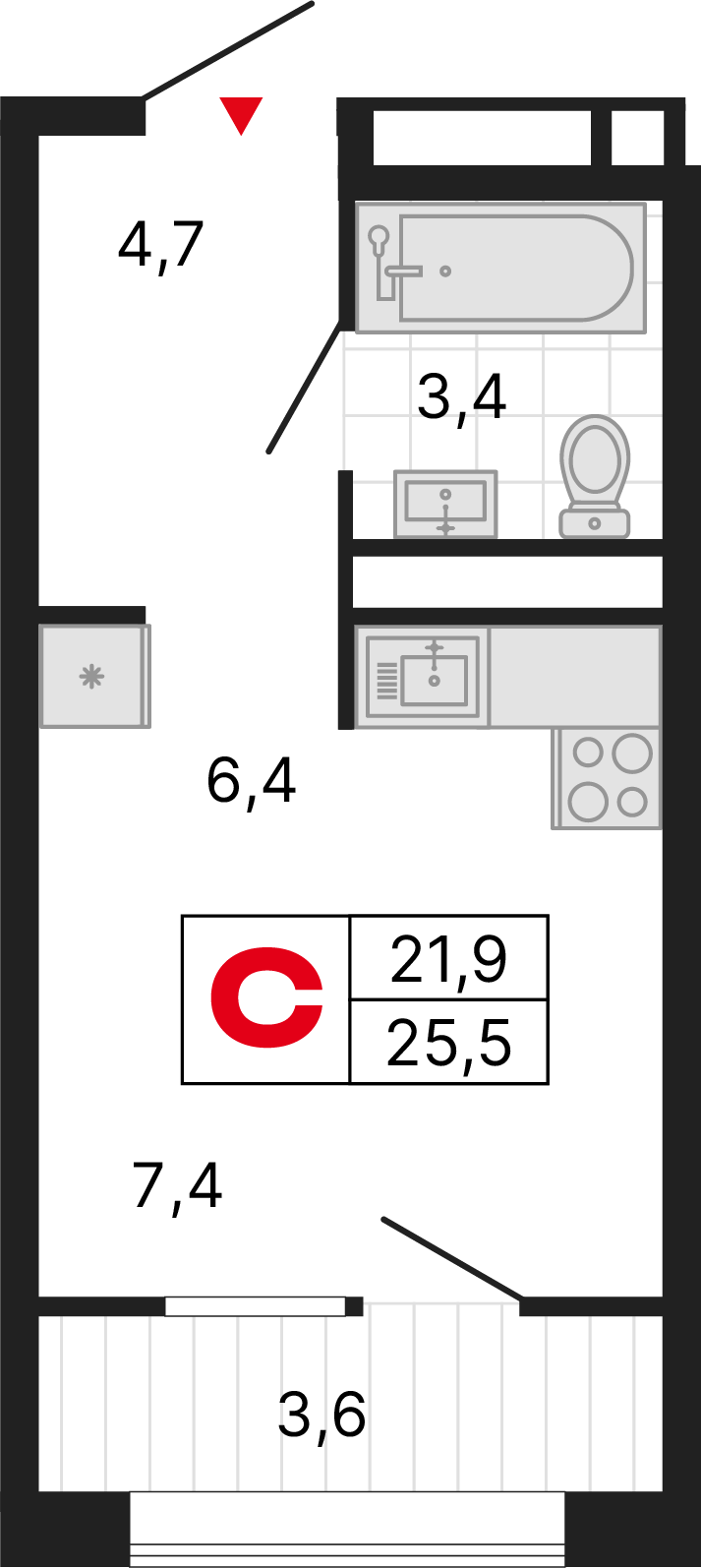 1 комната, 25,46 м²